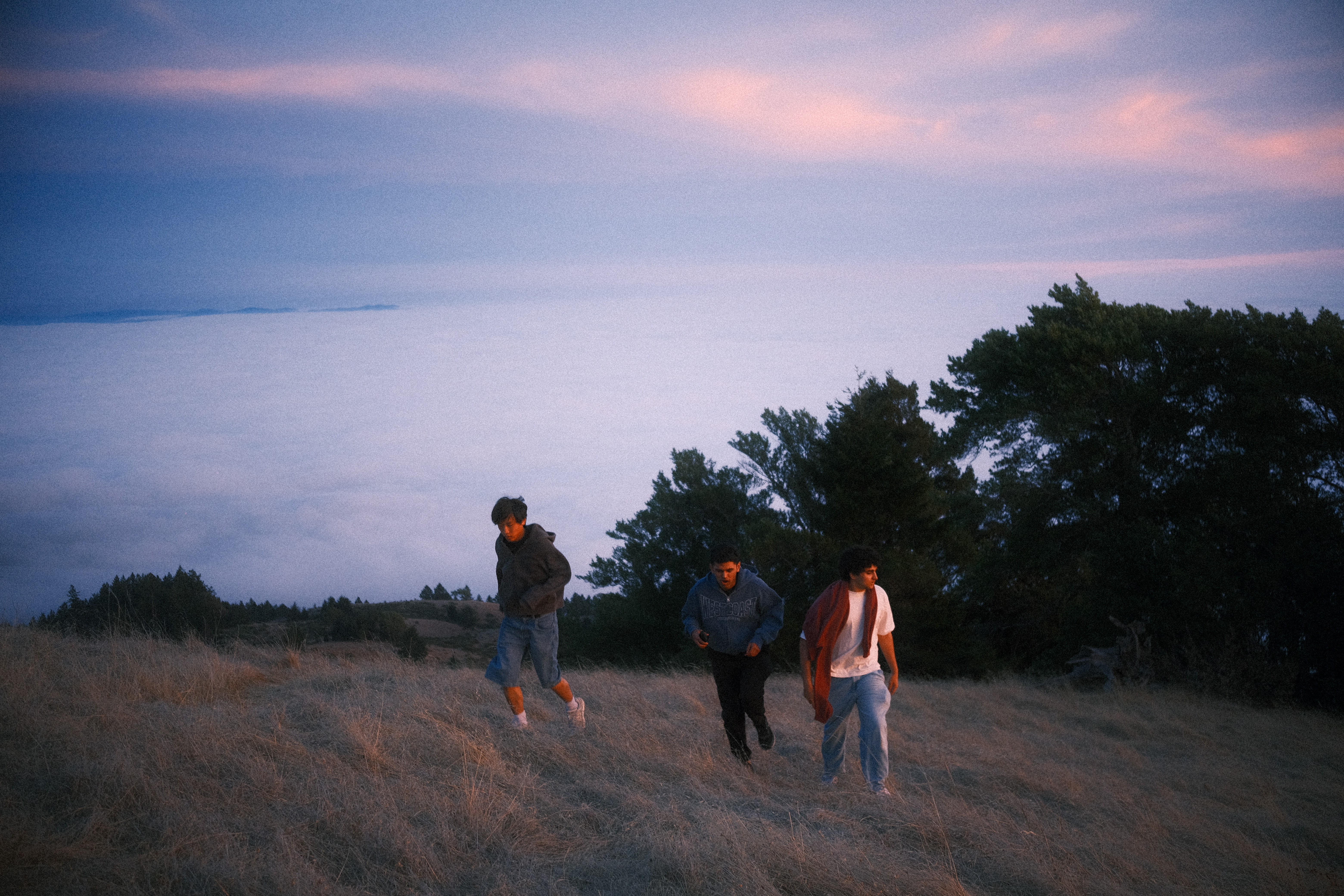 Three people hiking up a grassy hillside above the clouds at dusk, under a pink and blue sky.